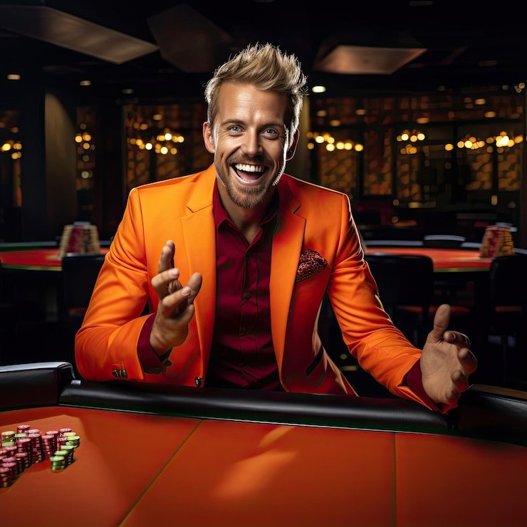 Meja permainan klasik baccarat dan poker dengan pemain yang antusias